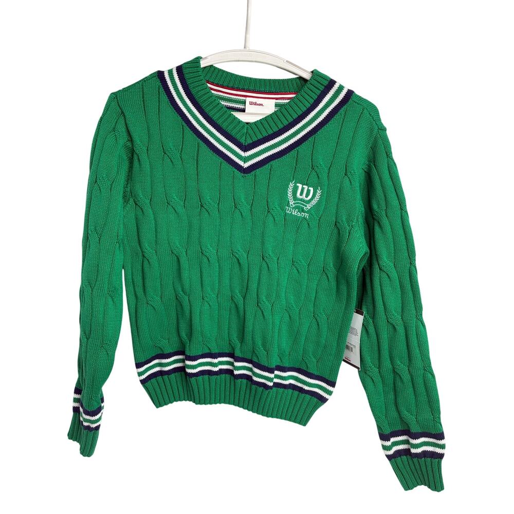 Wilson Green Cable Knit V-Neck Sweater with Navy & White Trim XL Girls NWT